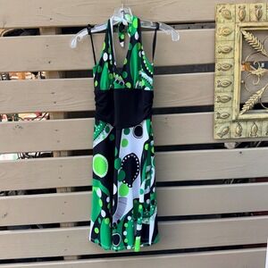 Notice‎ Halter Dress Womens Medium Green Black White Soft Knit Geometric